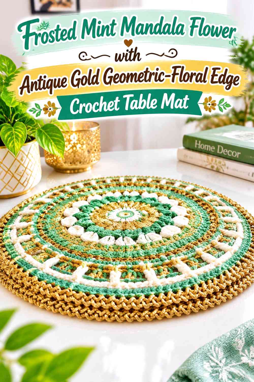 Frosted Mint Mandala Flower with Antique Gold Geometric-Floral Edge Crochet Table Mat