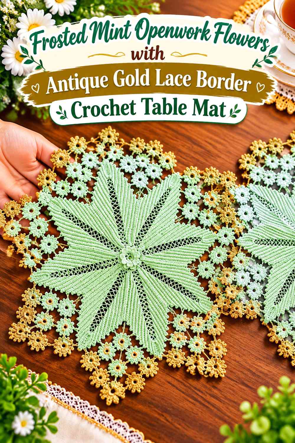 Frosted Mint Openwork Flowers with Antique Gold Lace Border Crochet Table Mat