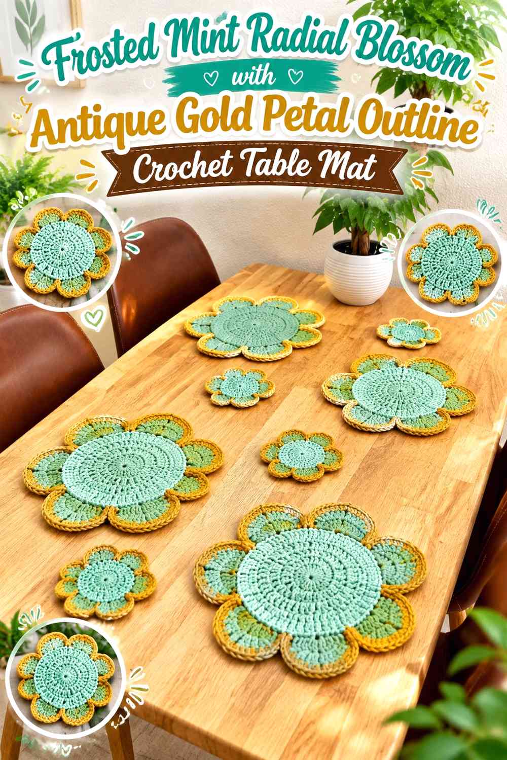 Frosted Mint Radial Blossom with Antique Gold Petal Outline Crochet Table Mat