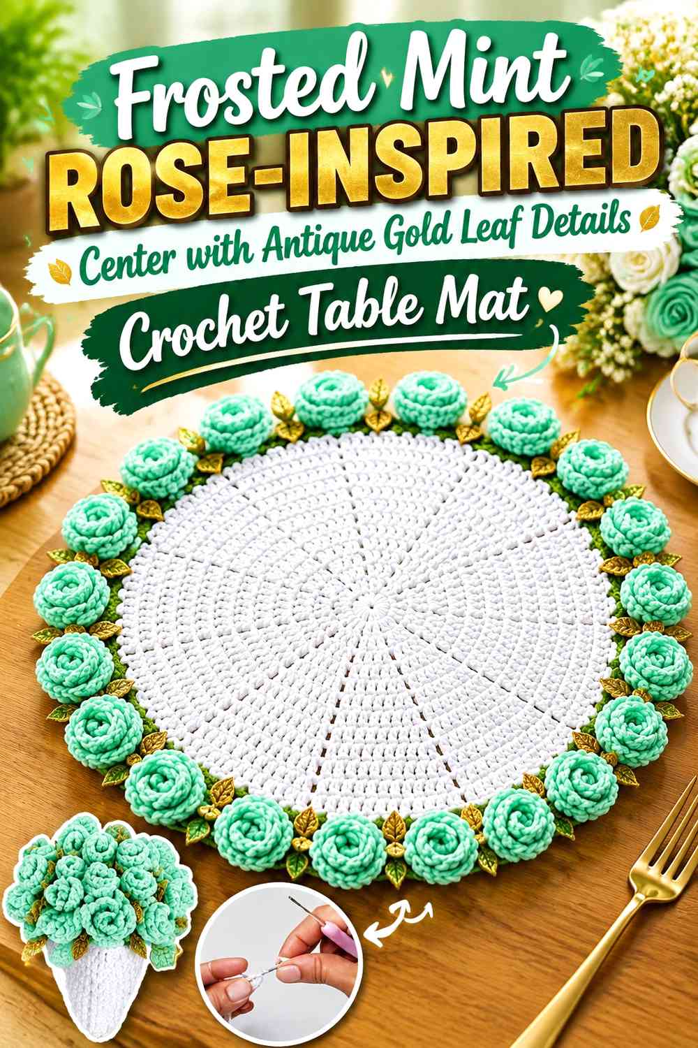 Frosted Mint Rose-Inspired Center with Antique Gold Leaf Details Crochet Table Mat