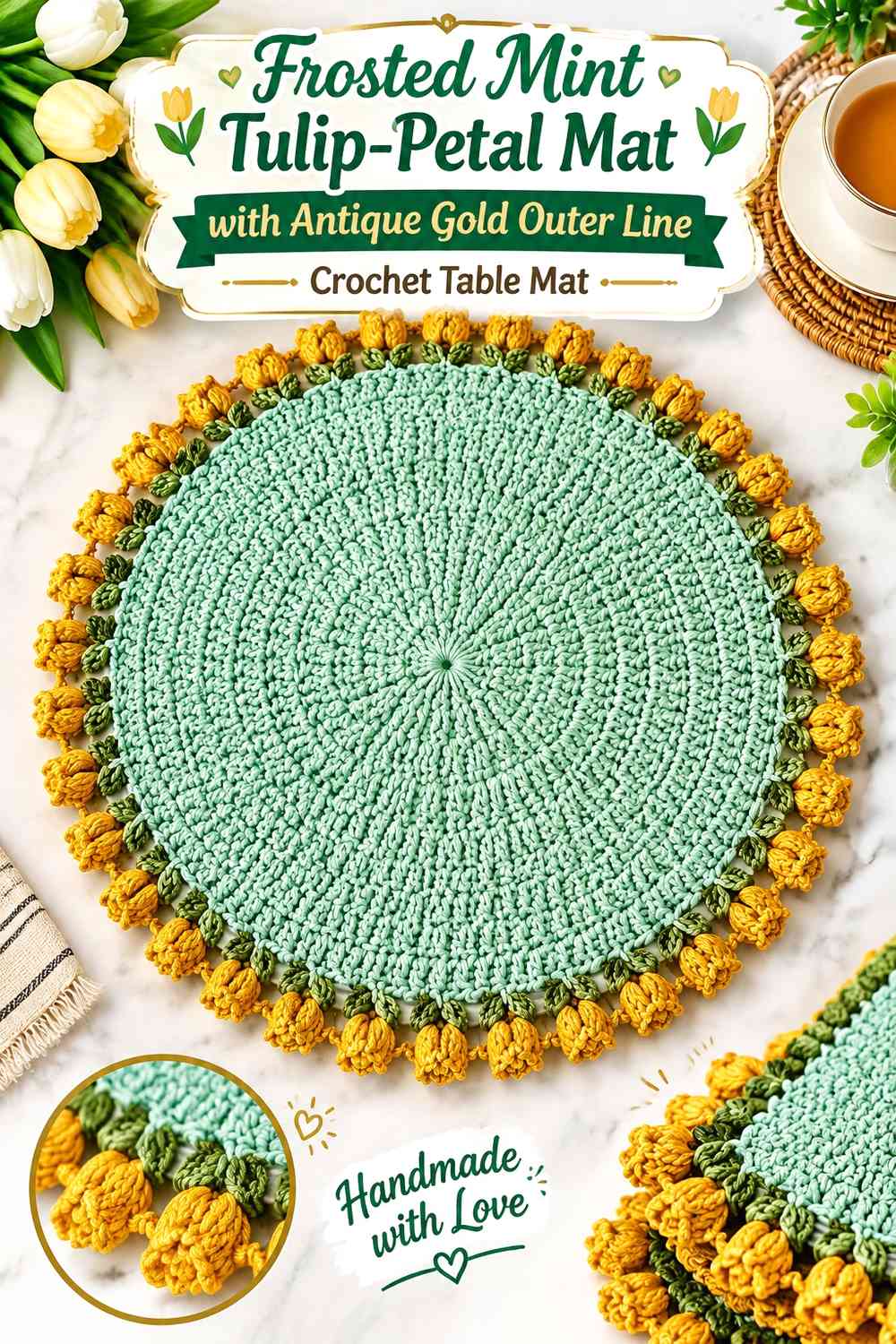 Frosted Mint Tulip-Petal Mat with Antique Gold Outer Line Crochet Table Mat