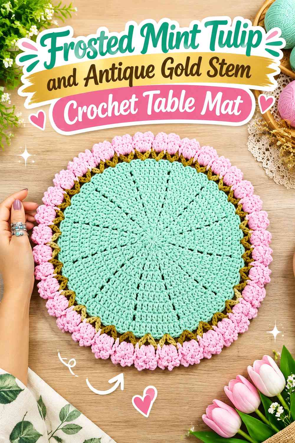 Frosted Mint Tulip and Antique Gold Stem Crochet Table Mat