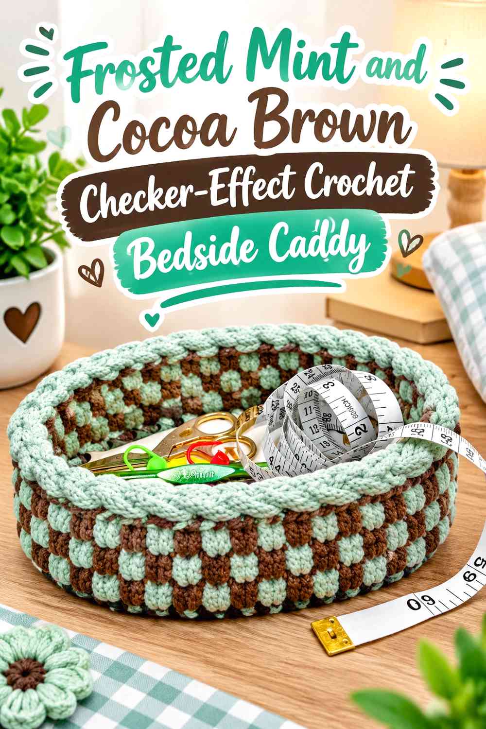 Frosted Mint and Cocoa Brown Checker-Effect Crochet Bedside Caddy