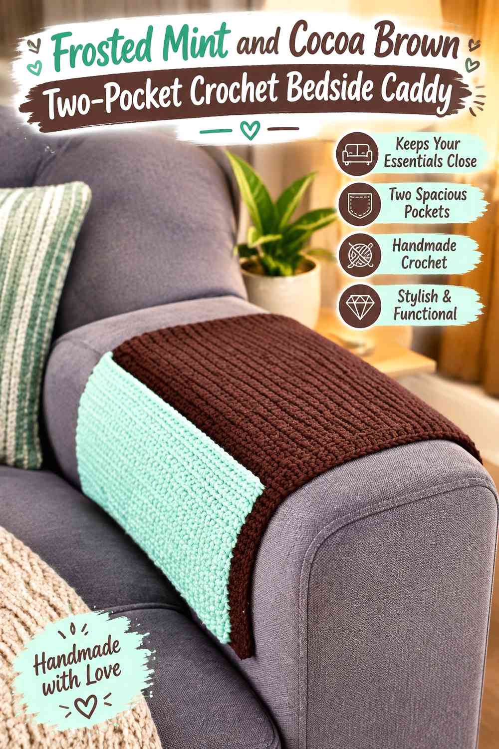 Frosted Mint and Cocoa Brown Two-Pocket Crochet Bedside Caddy
