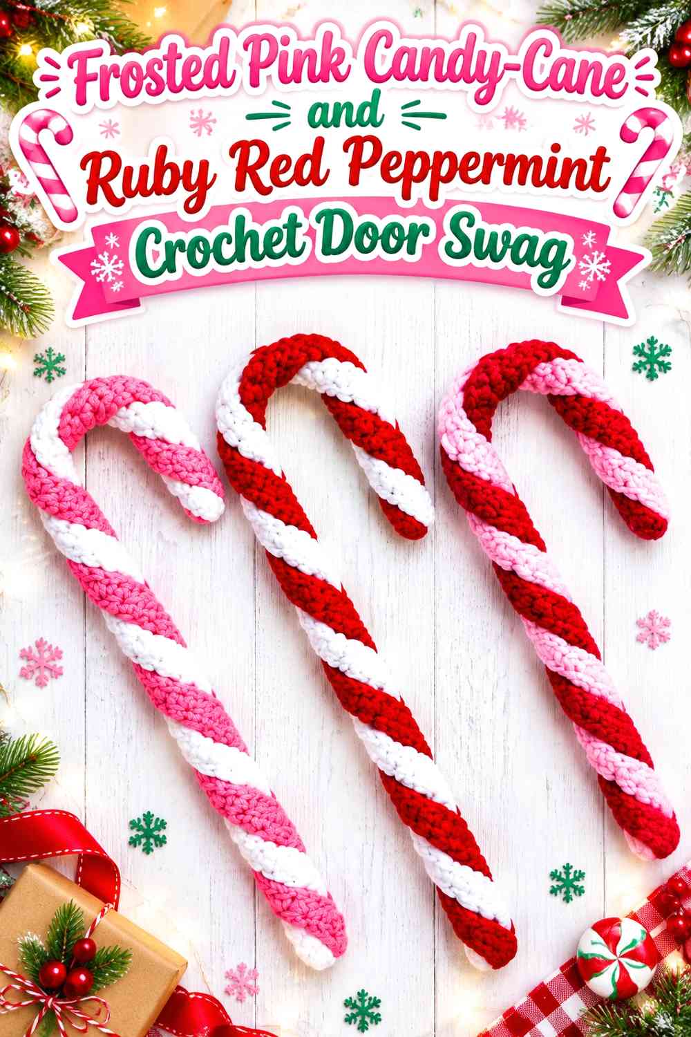 Frosted Pink Candy-Cane and Ruby Red Peppermint Crochet Door Swag