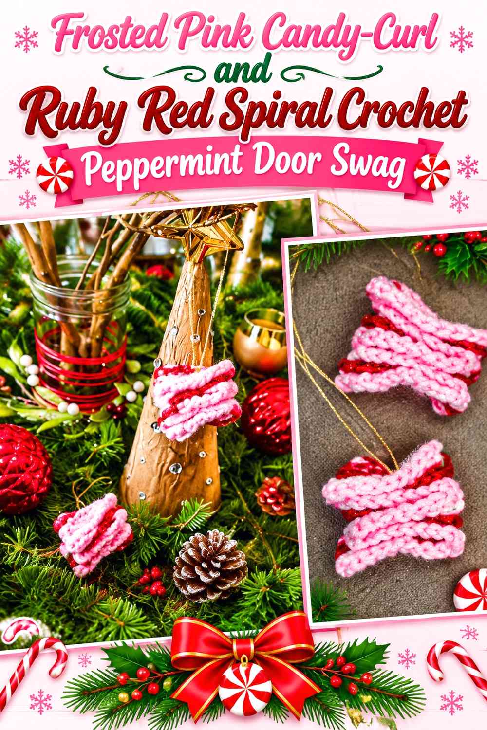 Frosted Pink Candy-Curl and Ruby Red Spiral Crochet Peppermint Door Swag