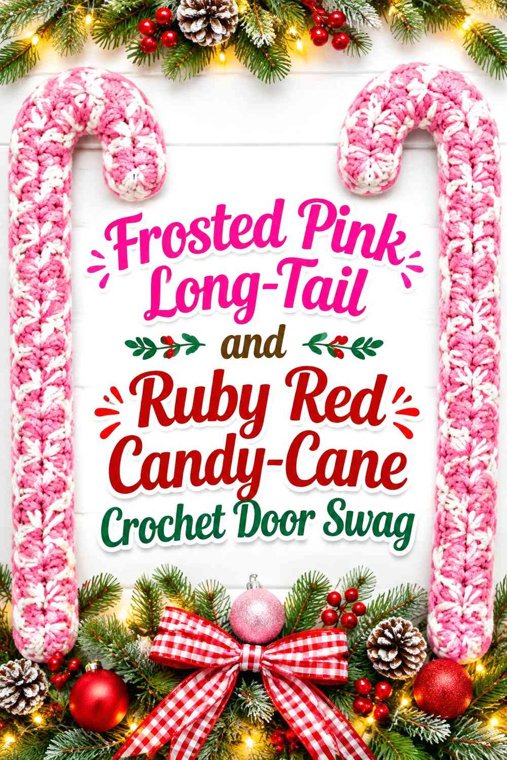 Frosted Pink Long-Tail and Ruby Red Candy-Cane Crochet Door Swag