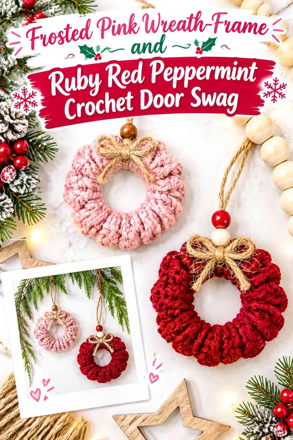 Frosted Pink Wreath-Frame and Ruby Red Peppermint Crochet Door Swag