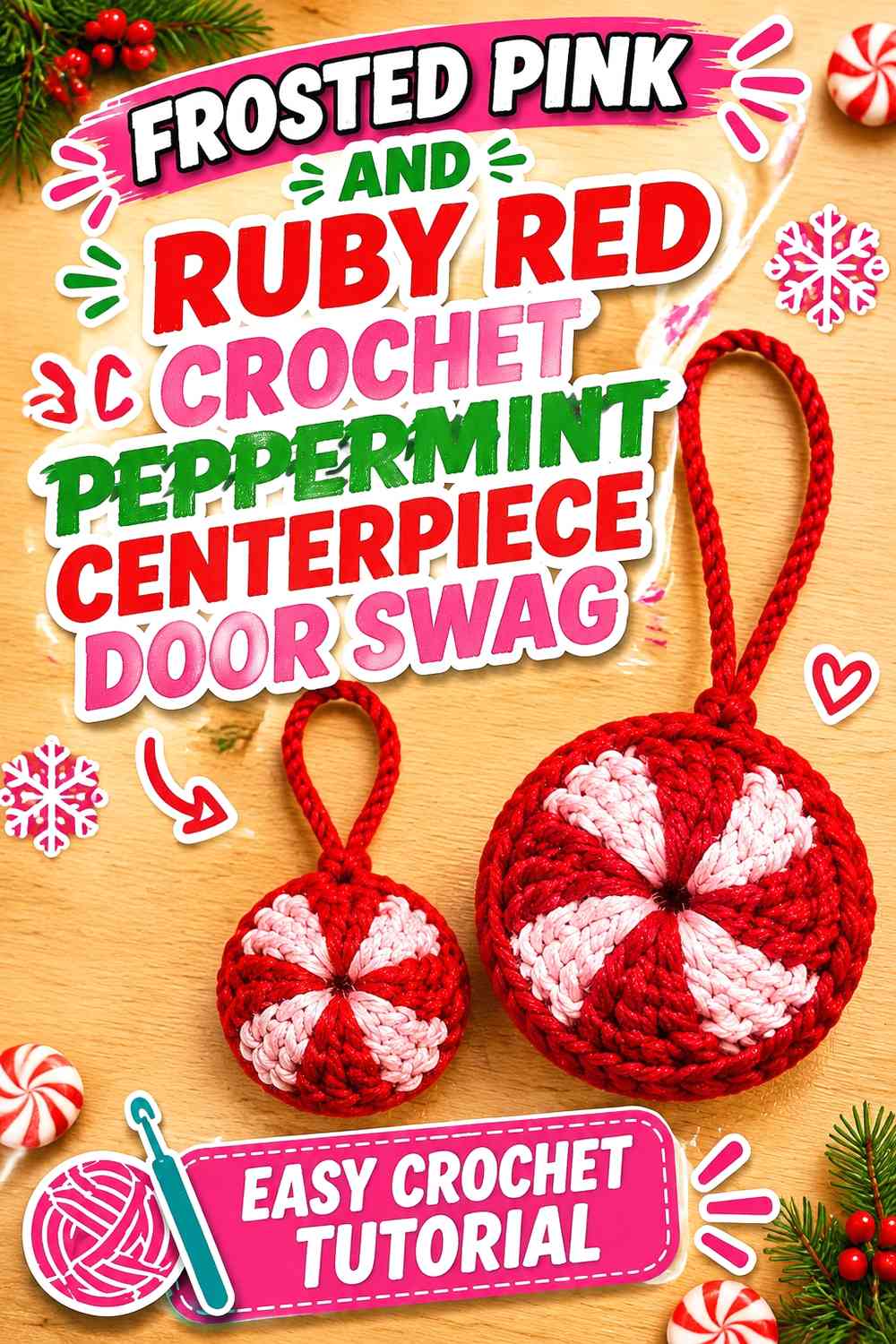 Frosted Pink and Ruby Red Crochet Peppermint Centerpiece Door Swag