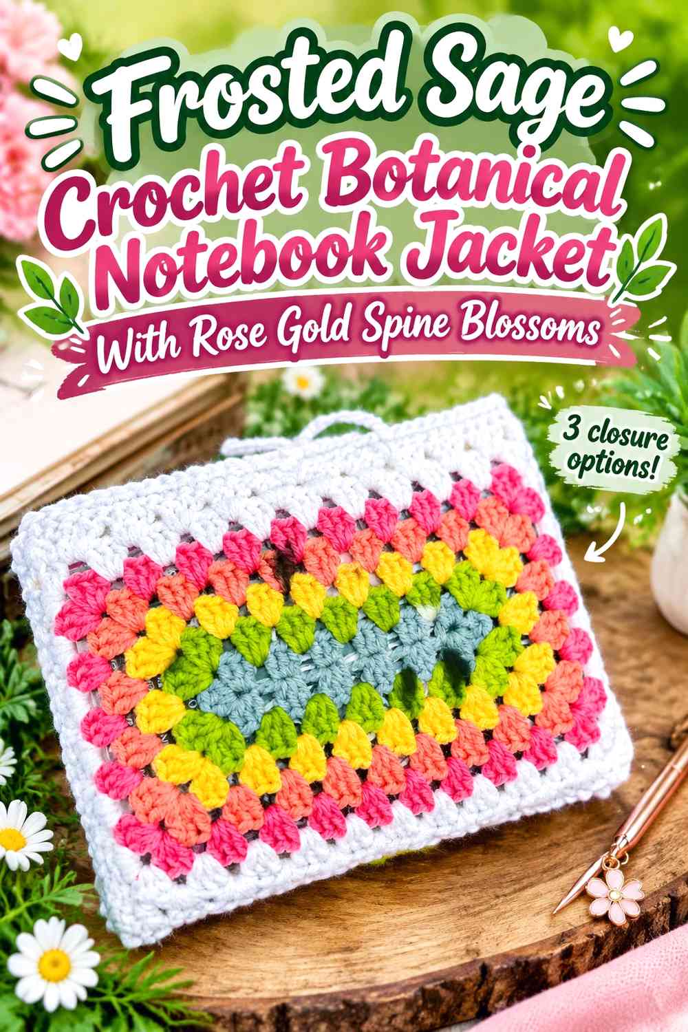 Frosted Sage Crochet Botanical Notebook Jacket With Rose Gold Spine Blossoms
