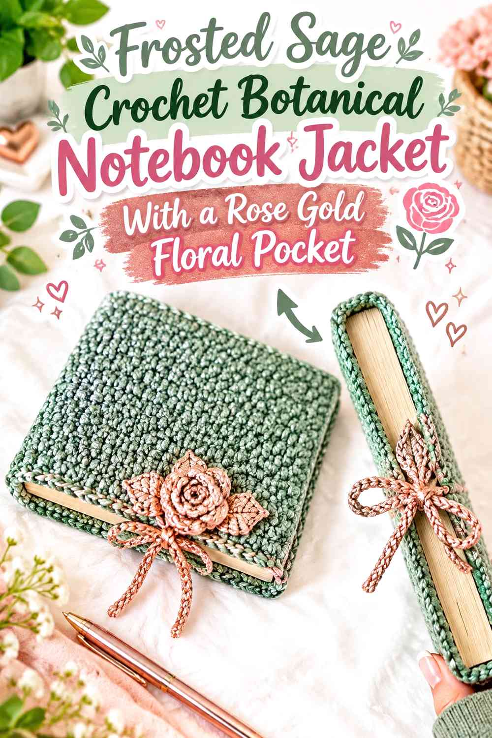 Frosted Sage Crochet Botanical Notebook Jacket With a Rose Gold Floral Pocket