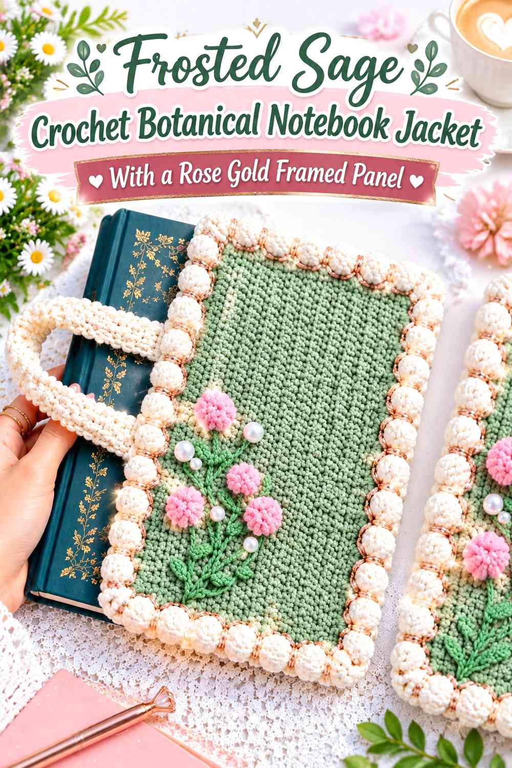 Frosted Sage Crochet Botanical Notebook Jacket With a Rose Gold Framed Panel