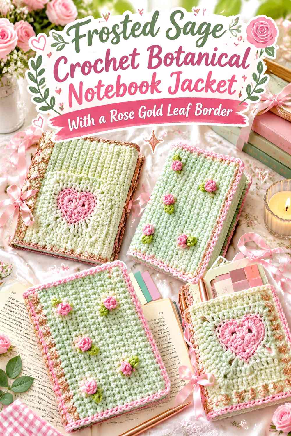 Frosted Sage Crochet Botanical Notebook Jacket With a Rose Gold Leaf Border