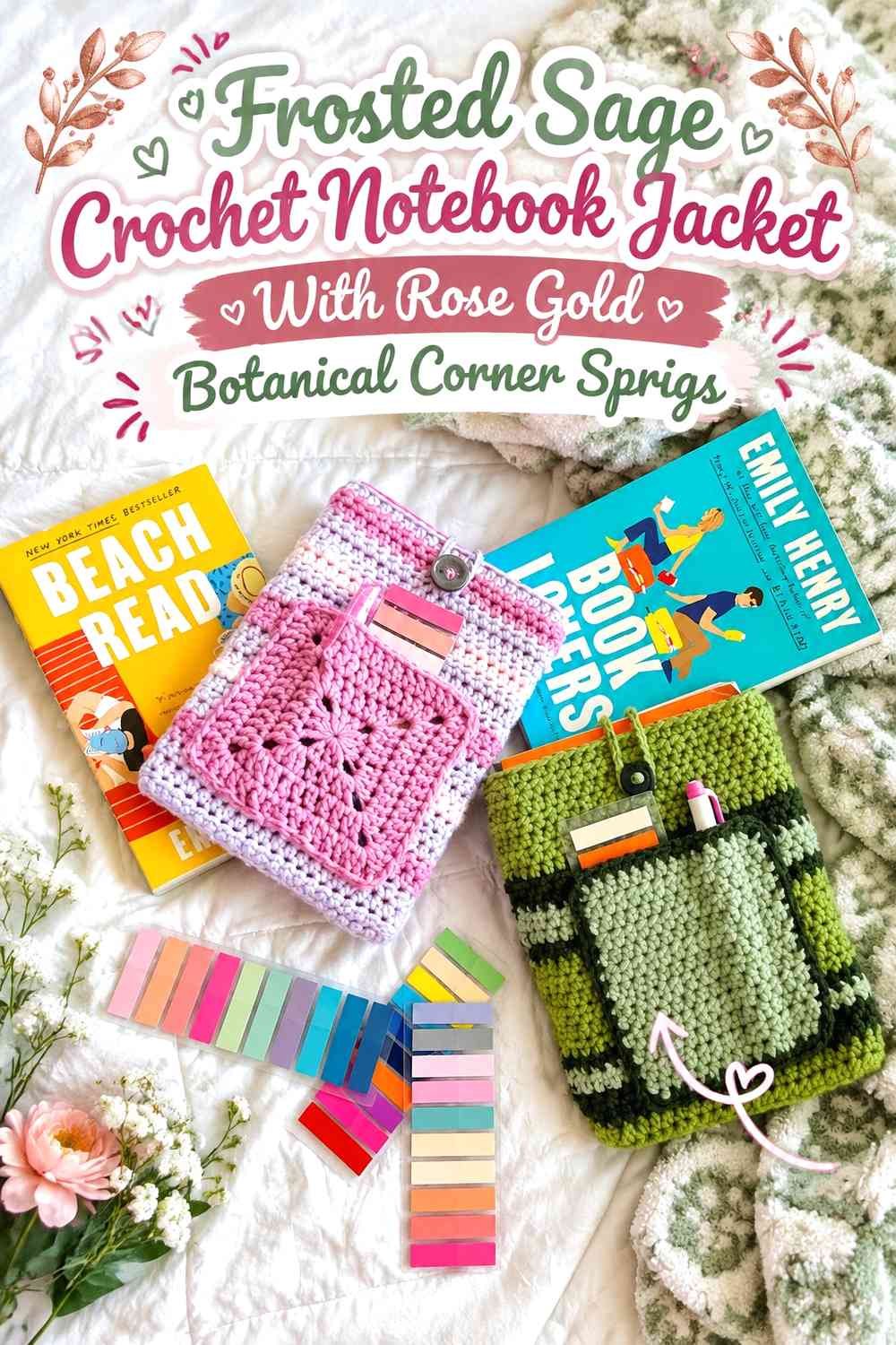 Frosted Sage Crochet Notebook Jacket With Rose Gold Botanical Corner Sprigs