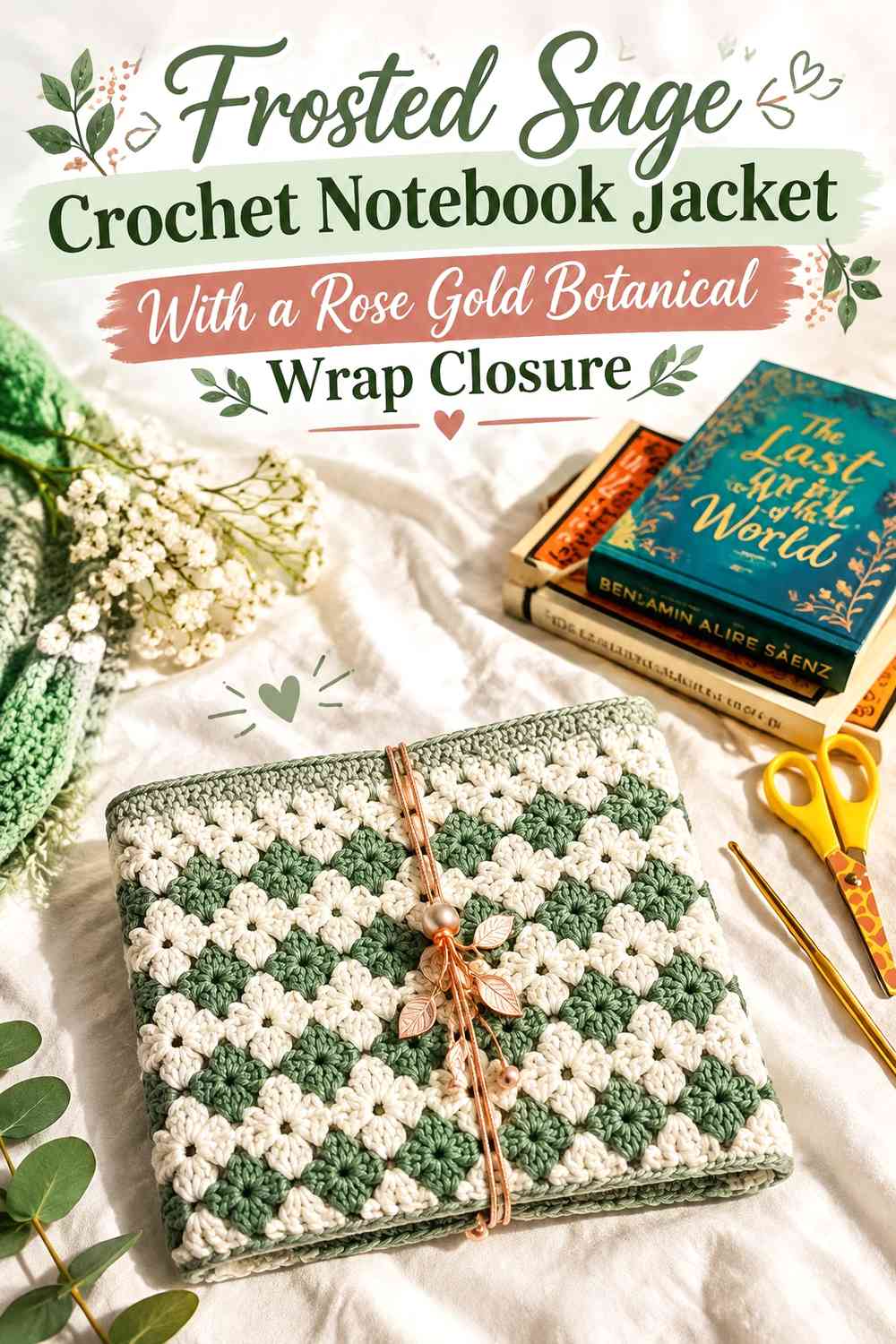 Frosted Sage Crochet Notebook Jacket With a Rose Gold Botanical Wrap Closure