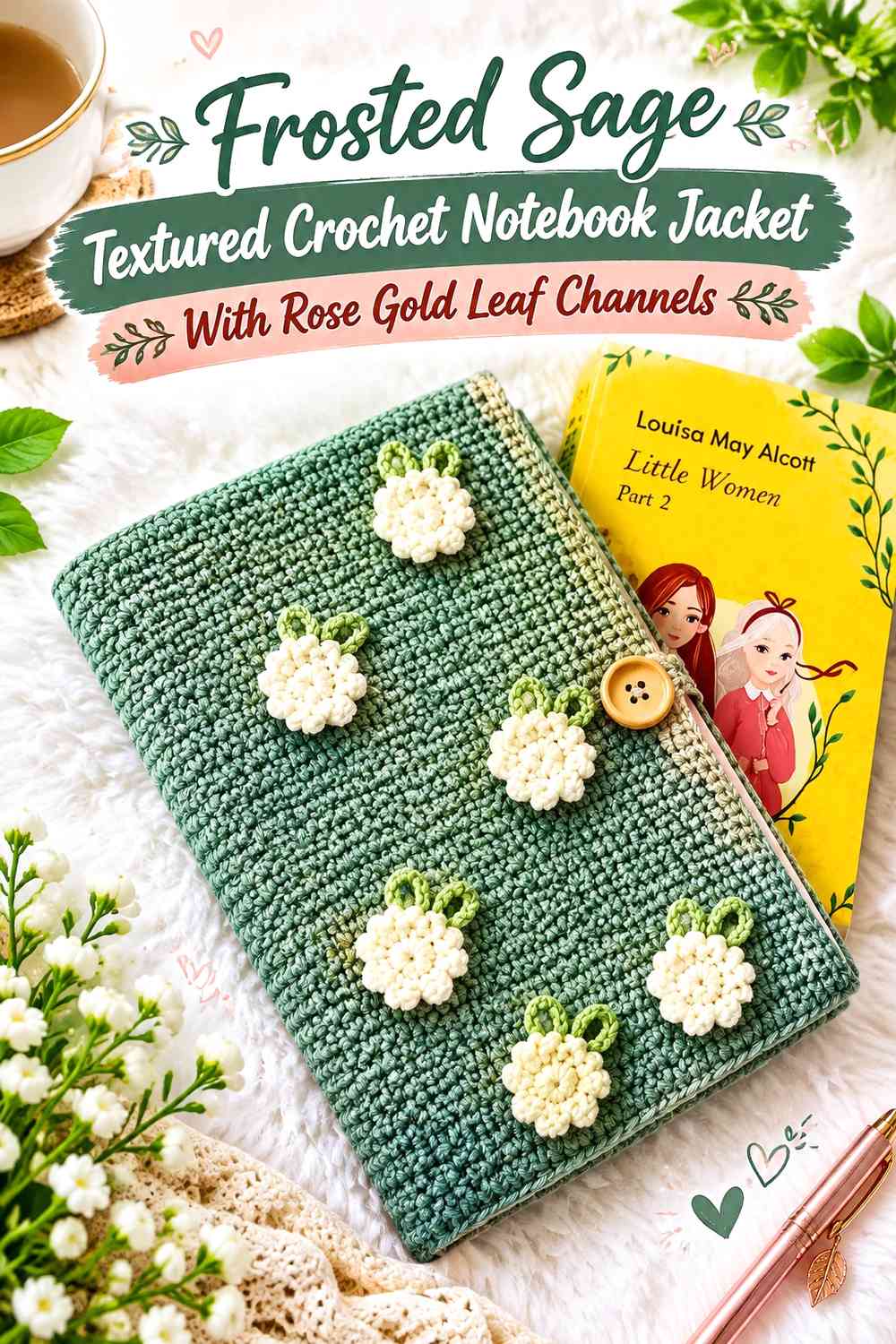 Frosted Sage Textured Crochet Notebook Jacket With Rose Gold Leaf Channels