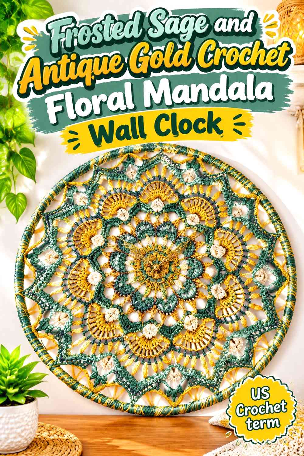 Frosted Sage and Antique Gold Crochet Floral Mandala Wall Clock