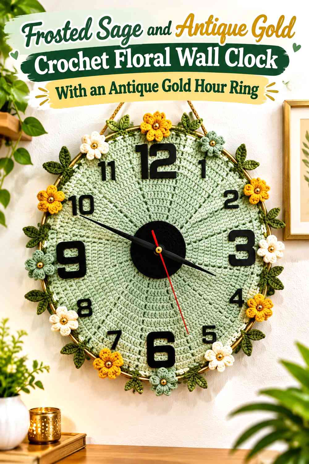 Frosted Sage and Antique Gold Crochet Floral Wall Clock With an Antique Gold Hour Ring