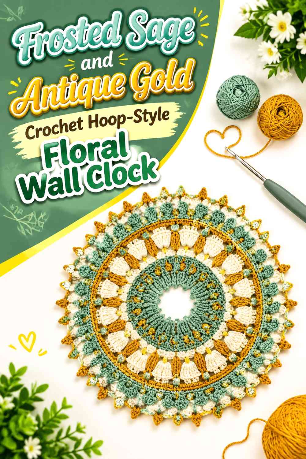 Frosted Sage and Antique Gold Crochet Hoop-Style Floral Wall Clock