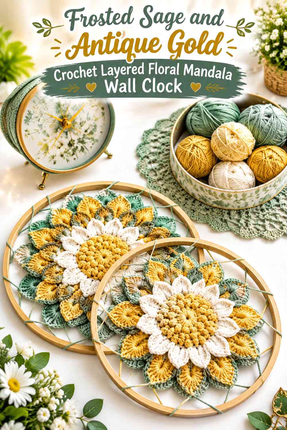Frosted Sage and Antique Gold Crochet Layered Floral Mandala Wall Clock