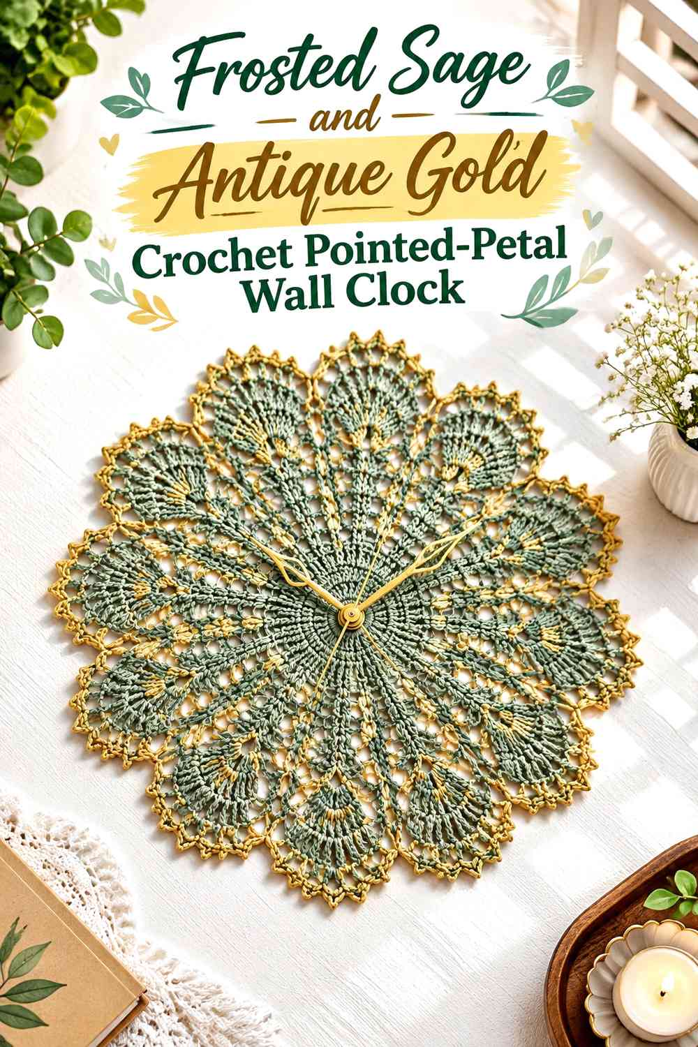 Frosted Sage and Antique Gold Crochet Pointed-Petal Wall Clock