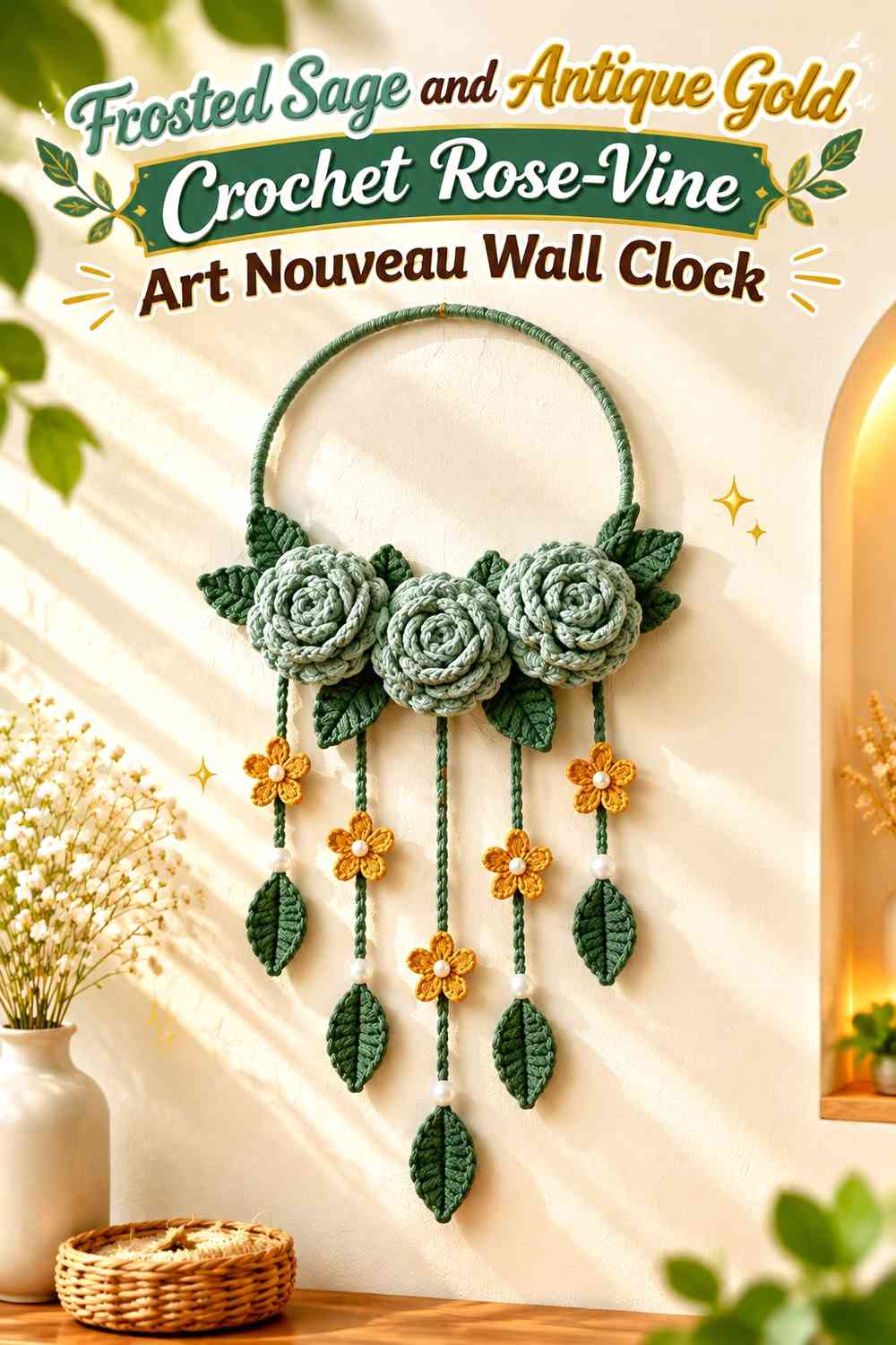 Frosted Sage and Antique Gold Crochet Rose-Vine Art Nouveau Wall Clock