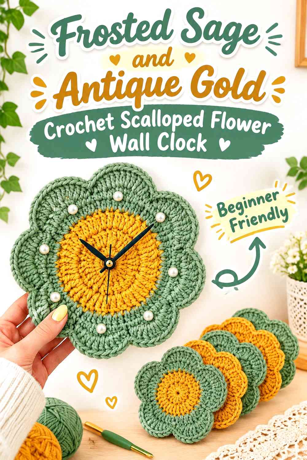 Frosted Sage and Antique Gold Crochet Scalloped Flower Wall Clock