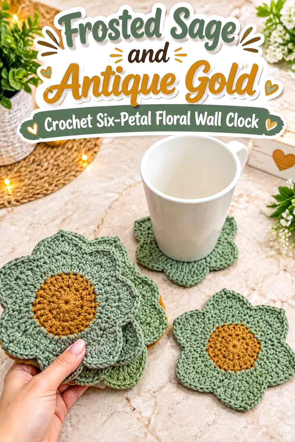 Frosted Sage and Antique Gold Crochet Six-Petal Floral Wall Clock