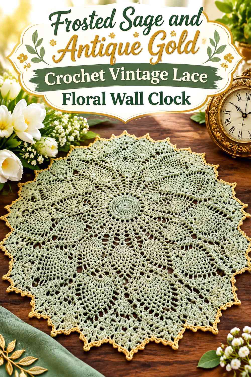 Frosted Sage and Antique Gold Crochet Vintage Lace Floral Wall Clock