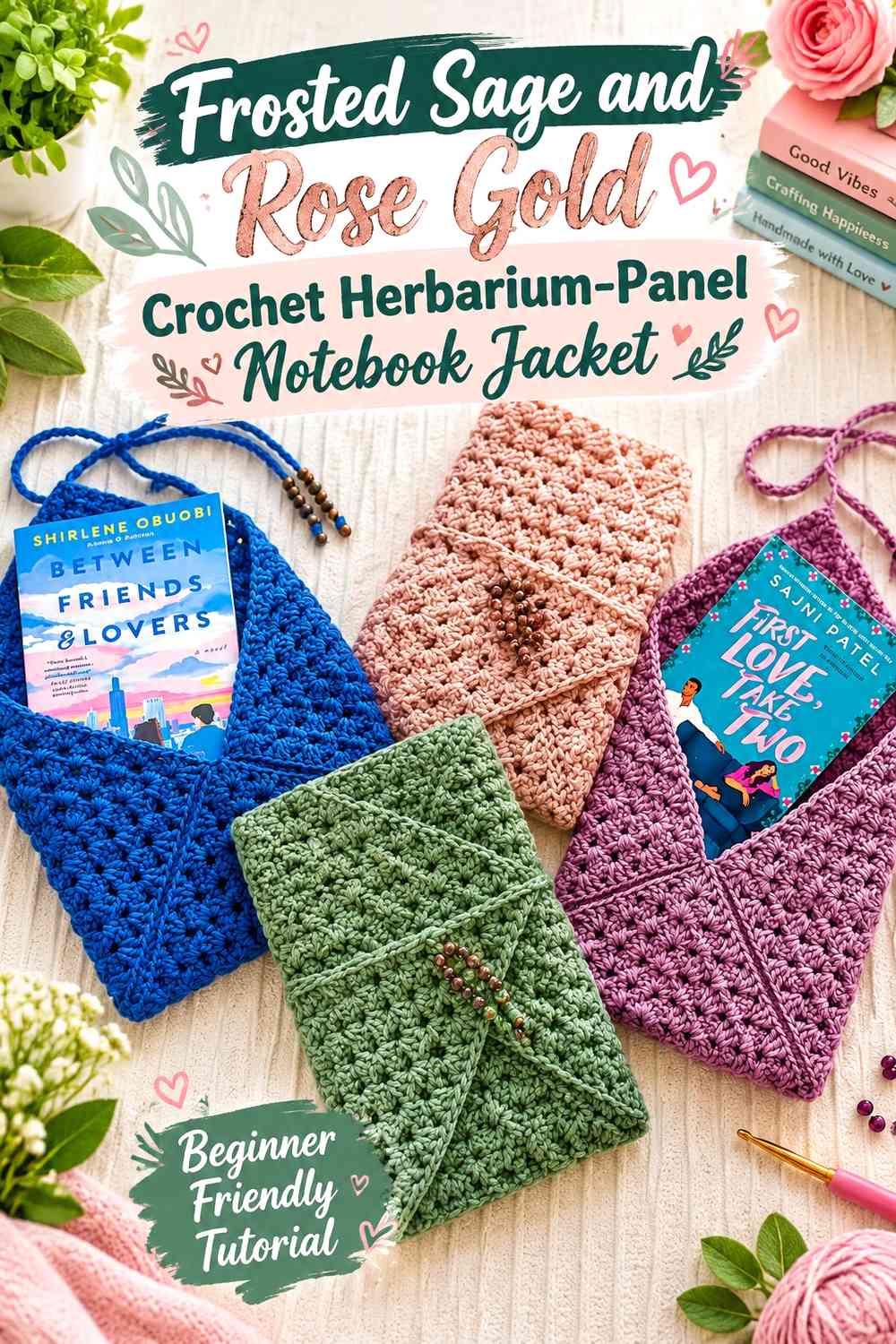 Frosted Sage and Rose Gold Crochet Herbarium-Panel Notebook Jacket