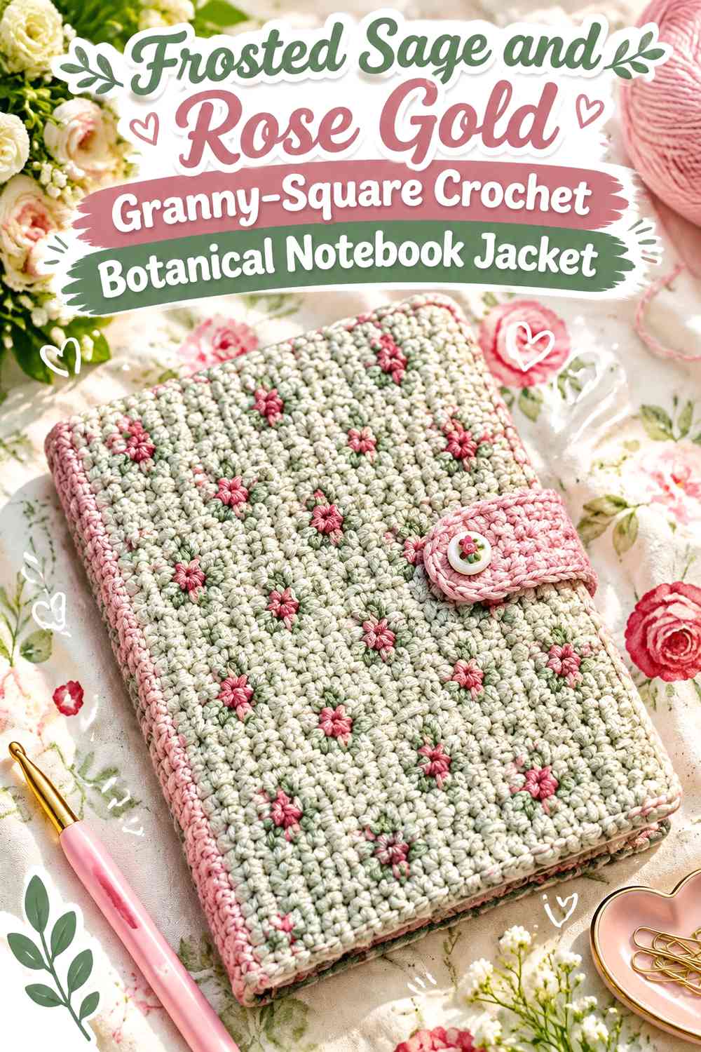 Frosted Sage and Rose Gold Granny-Square Crochet Botanical Notebook Jacket