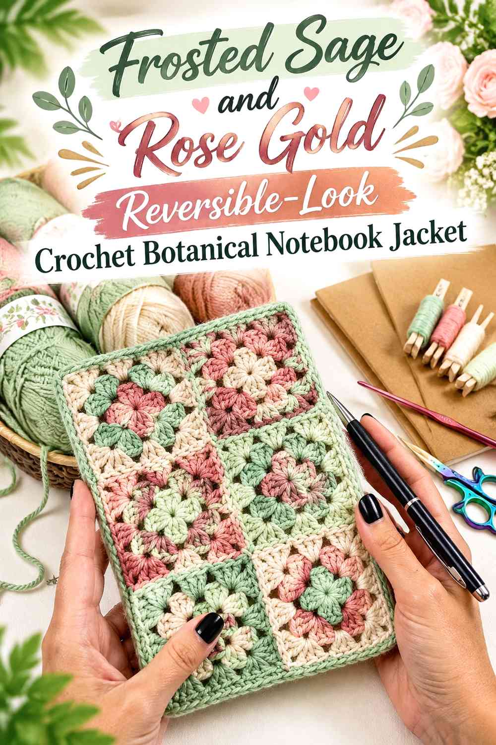 Frosted Sage and Rose Gold Reversible-Look Crochet Botanical Notebook Jacket
