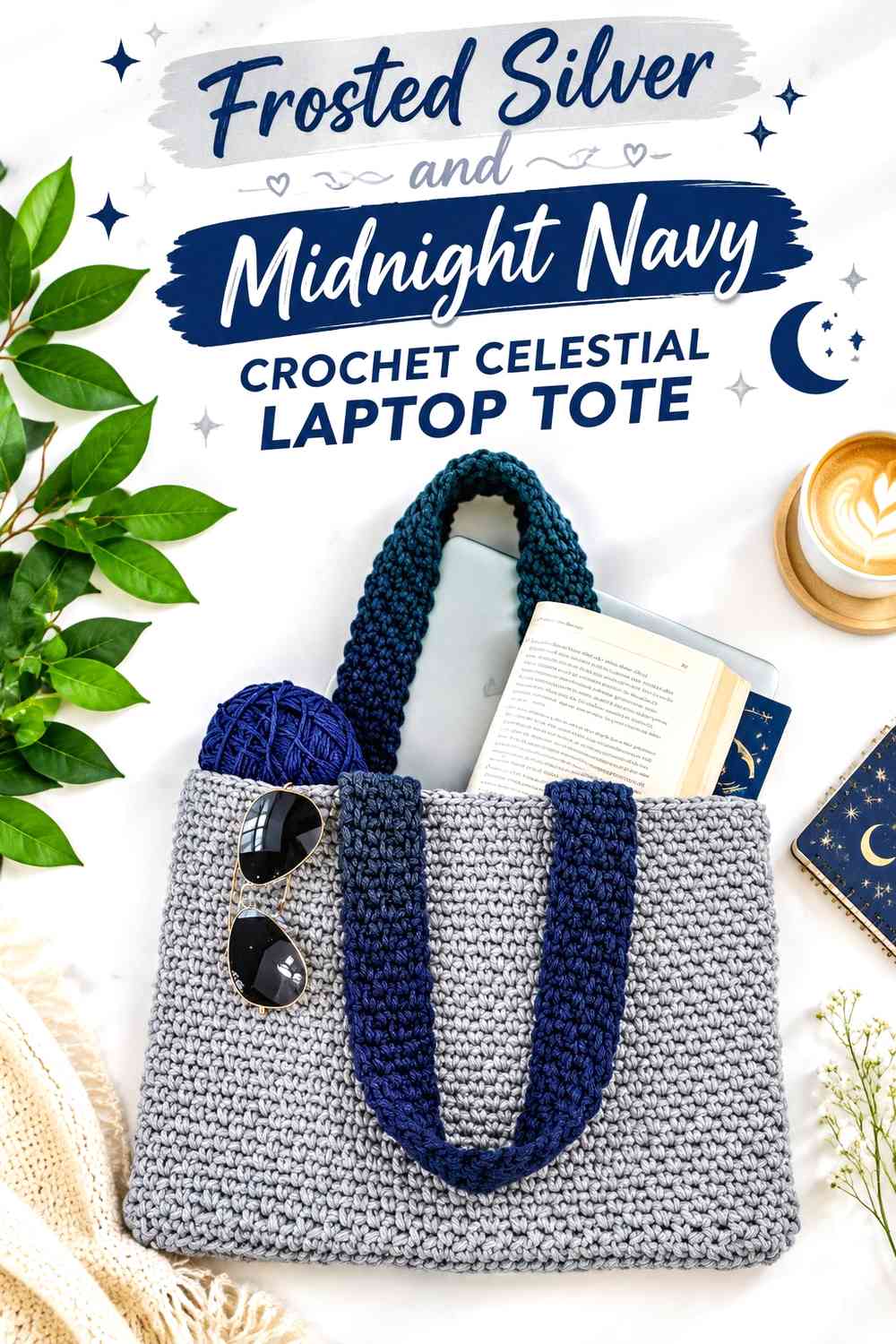 Frosted Silver and Midnight Navy Crochet Celestial Laptop Tote