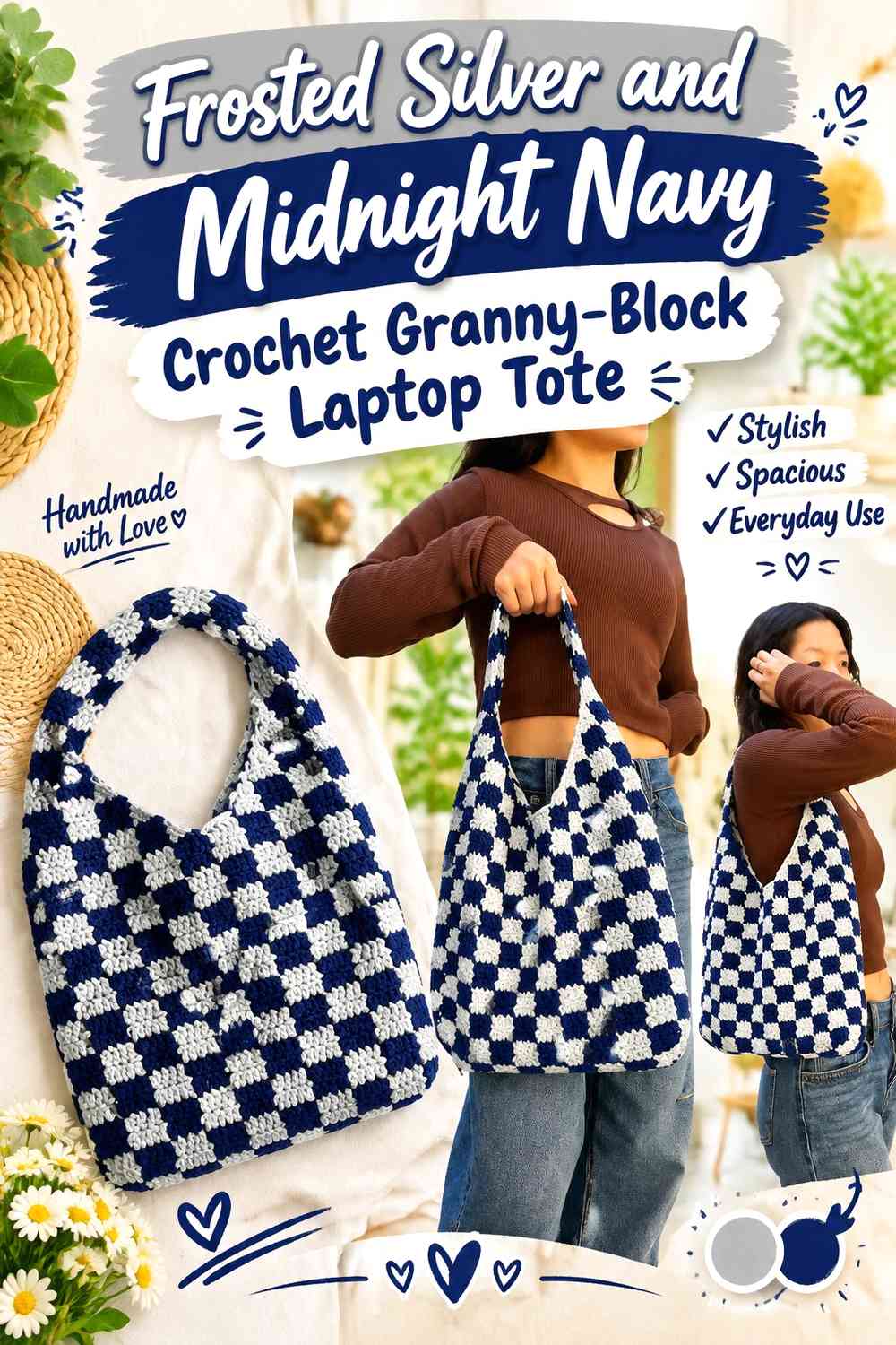 Frosted Silver and Midnight Navy Crochet Granny-Block Laptop Tote