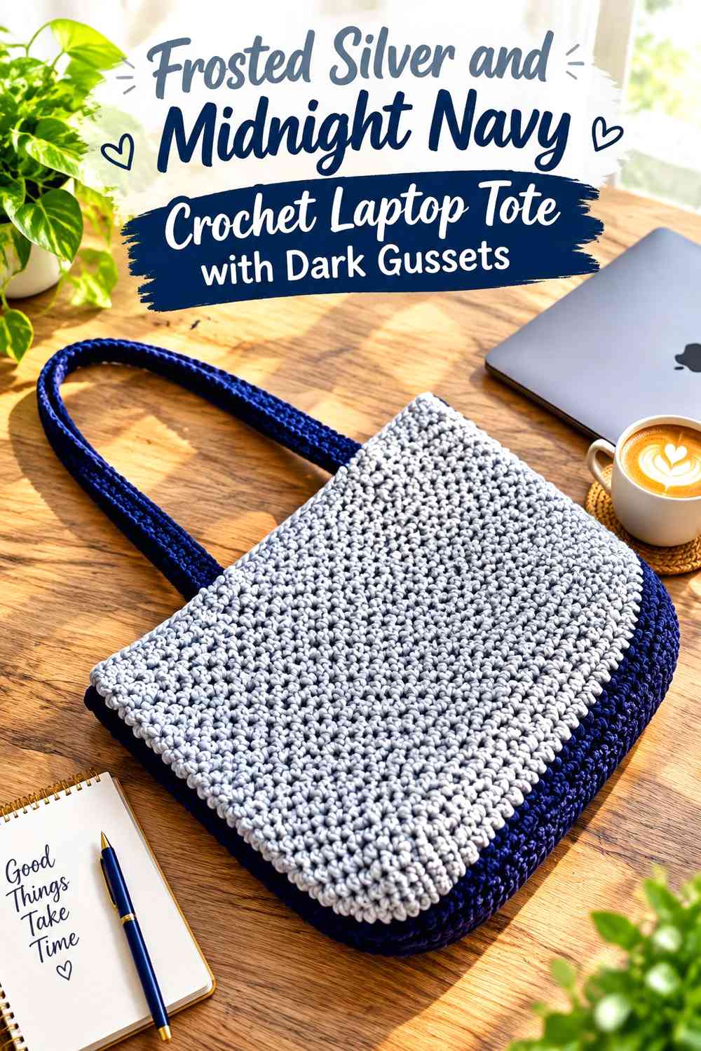 Frosted Silver and Midnight Navy Crochet Laptop Tote with Dark Gussets