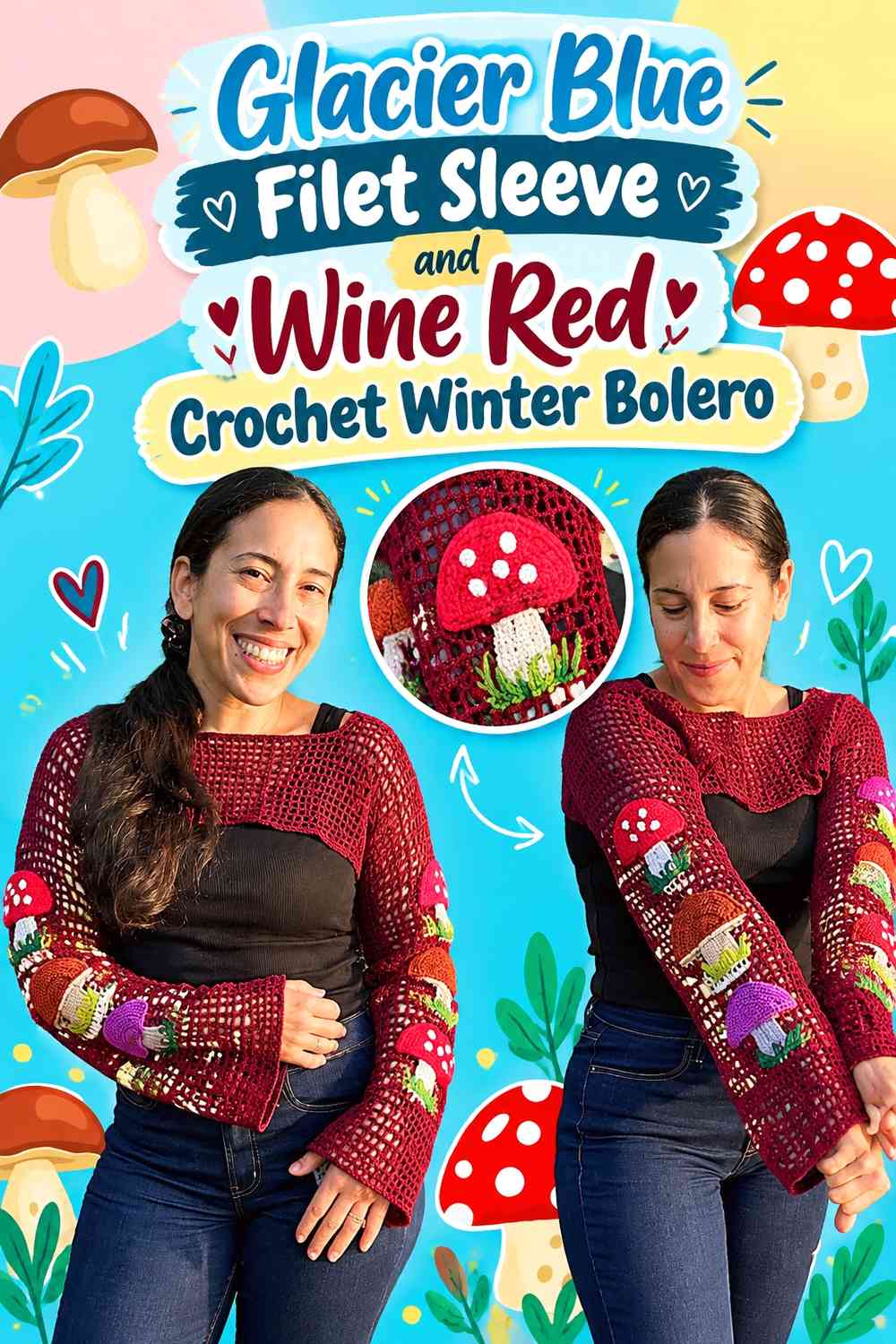 Glacier Blue Filet Sleeve and Wine Red Crochet Winter Bolero