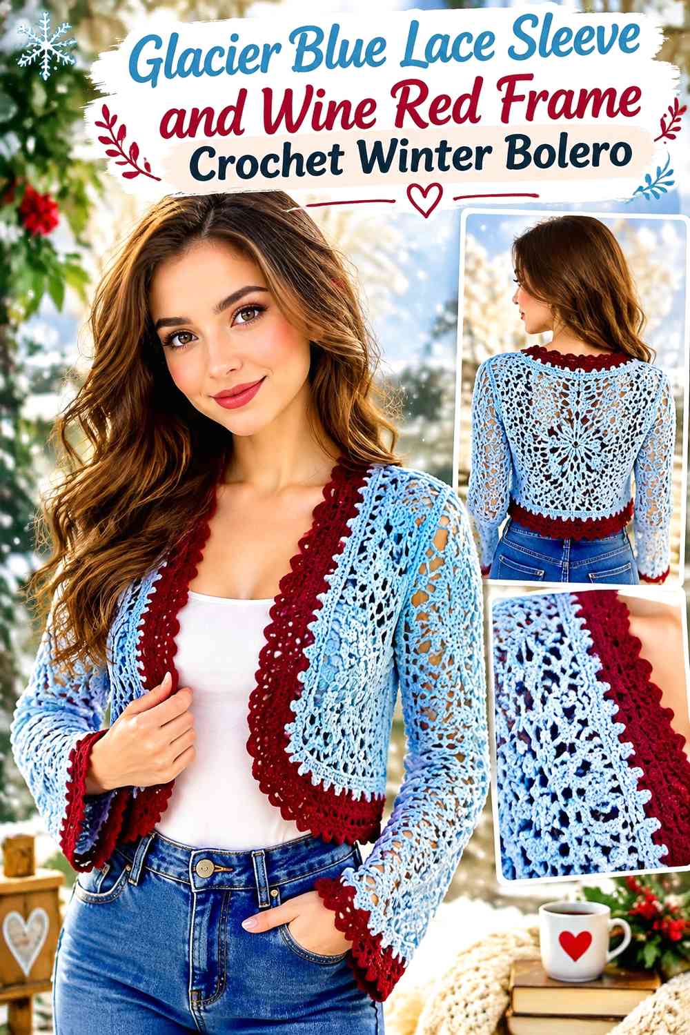 Glacier Blue Lace Sleeve and Wine Red Frame Crochet Winter Bolero