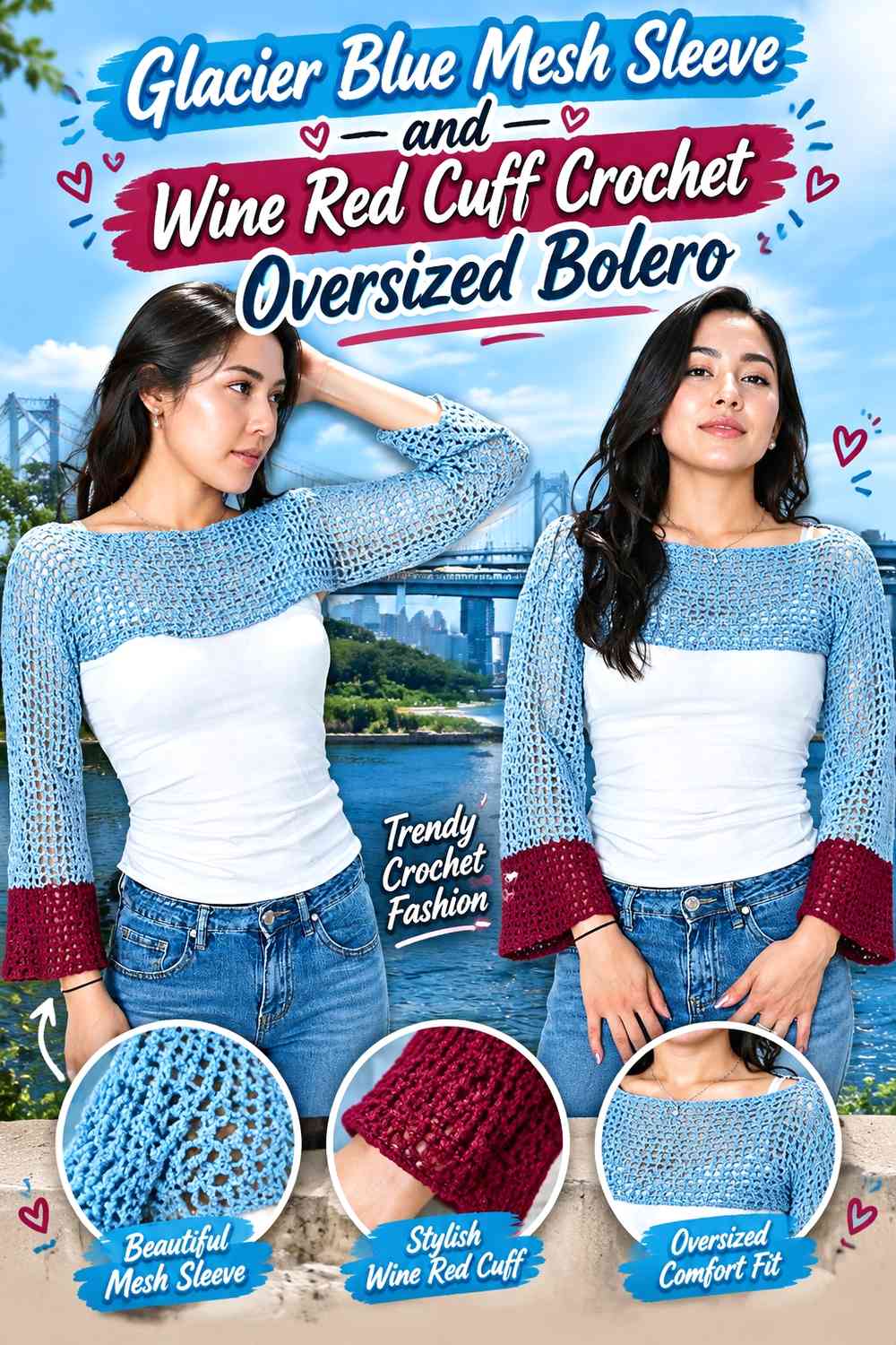 Glacier Blue Mesh Sleeve and Wine Red Cuff Crochet Oversized Bolero
