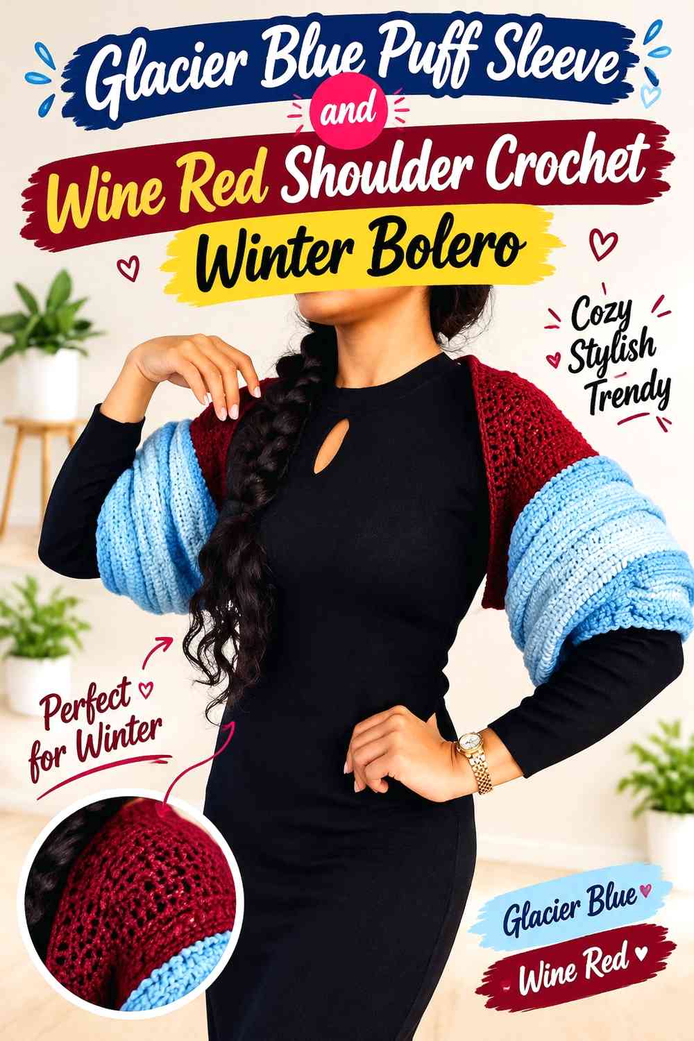 Glacier Blue Puff Sleeve and Wine Red Shoulder Crochet Winter Bolero