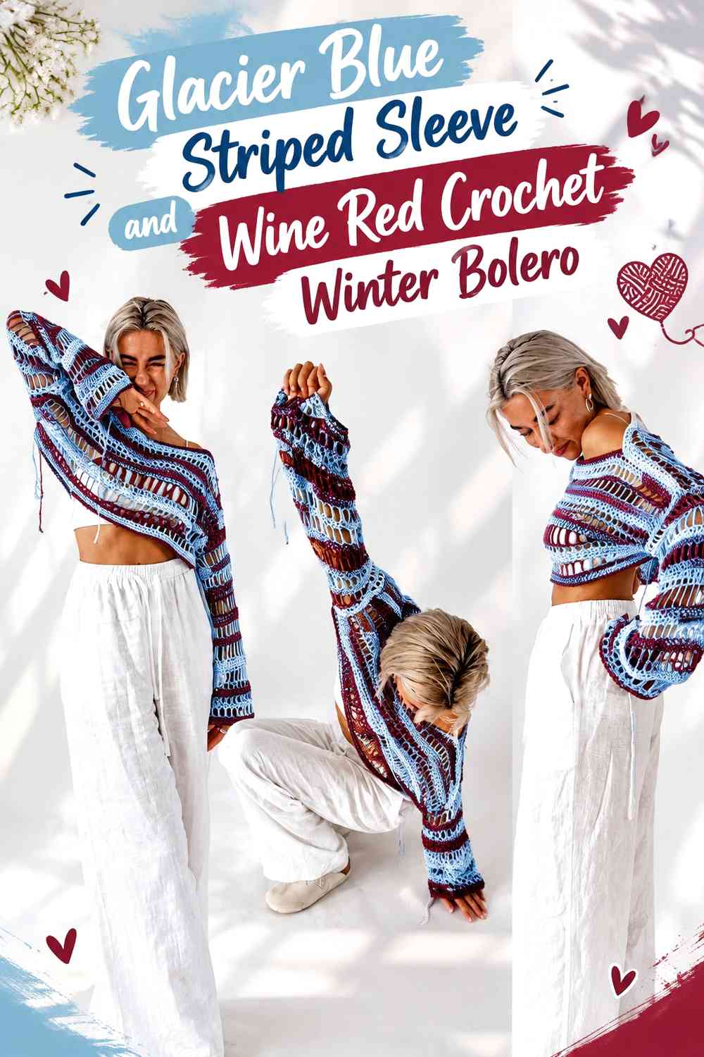 Glacier Blue Striped Sleeve and Wine Red Crochet Winter Bolero