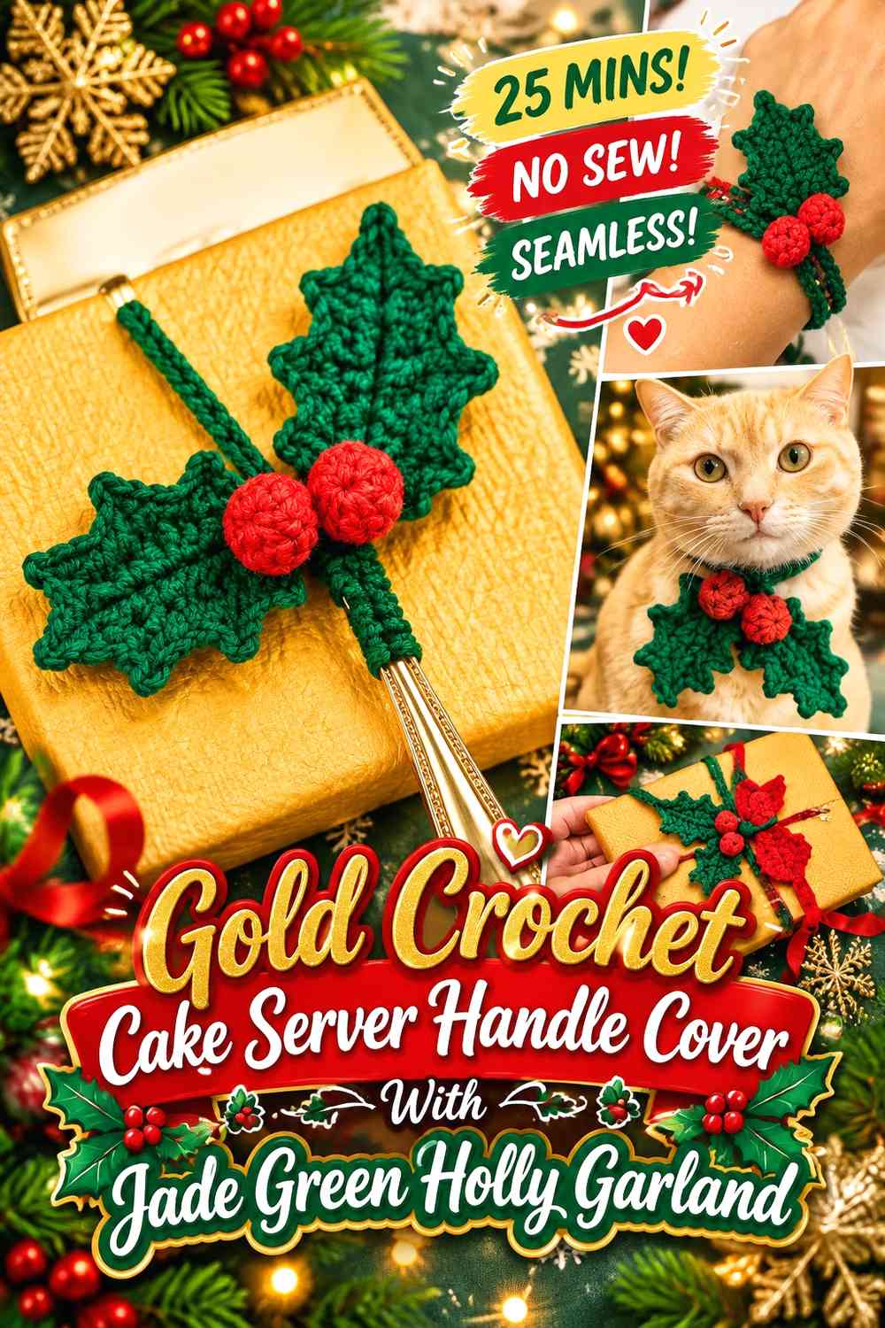Gold Crochet Cake Server Handle Cover With Jade Green Holly Garland