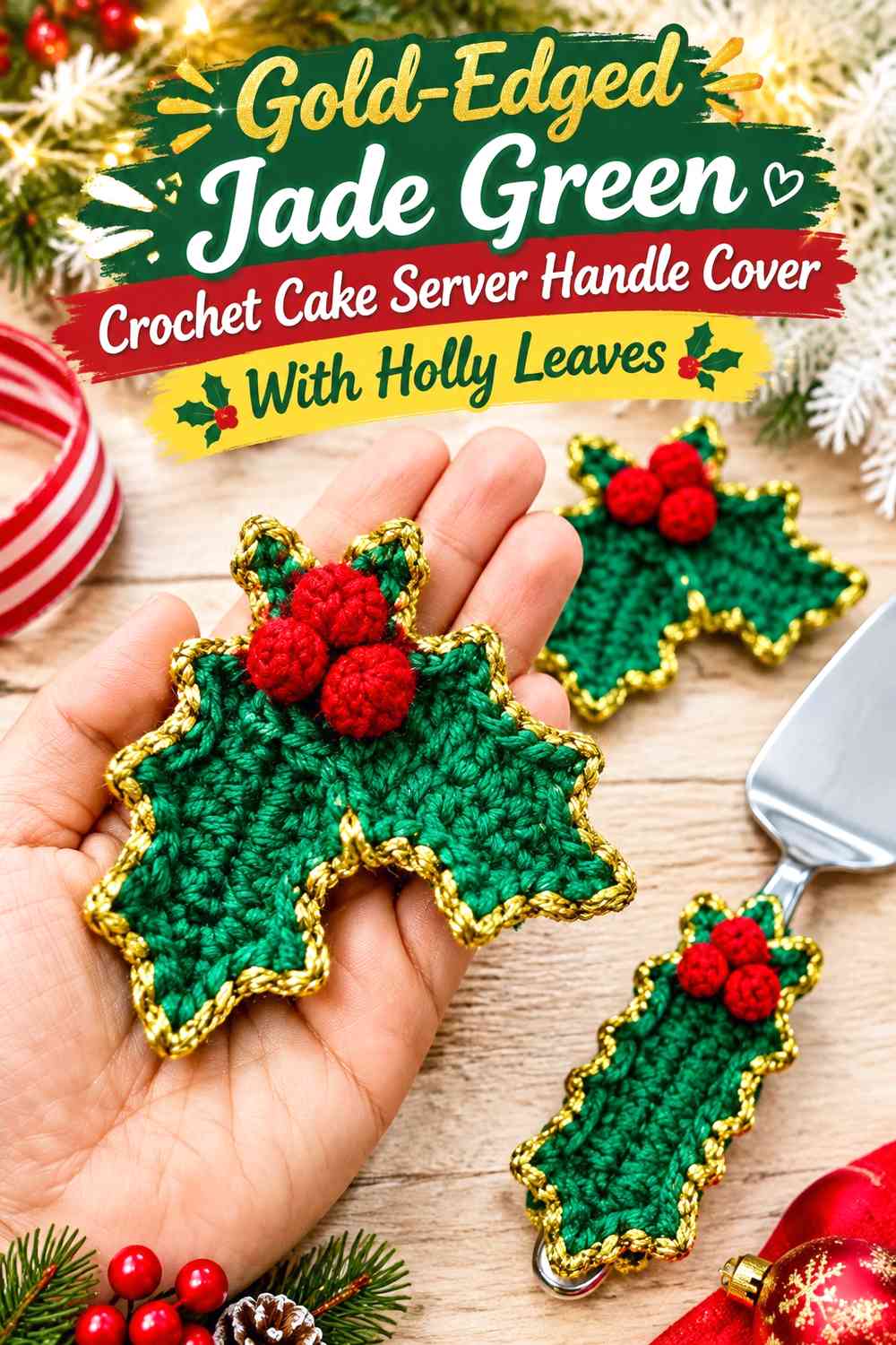Gold-Edged Jade Green Crochet Cake Server Handle Cover With Holly Leaves