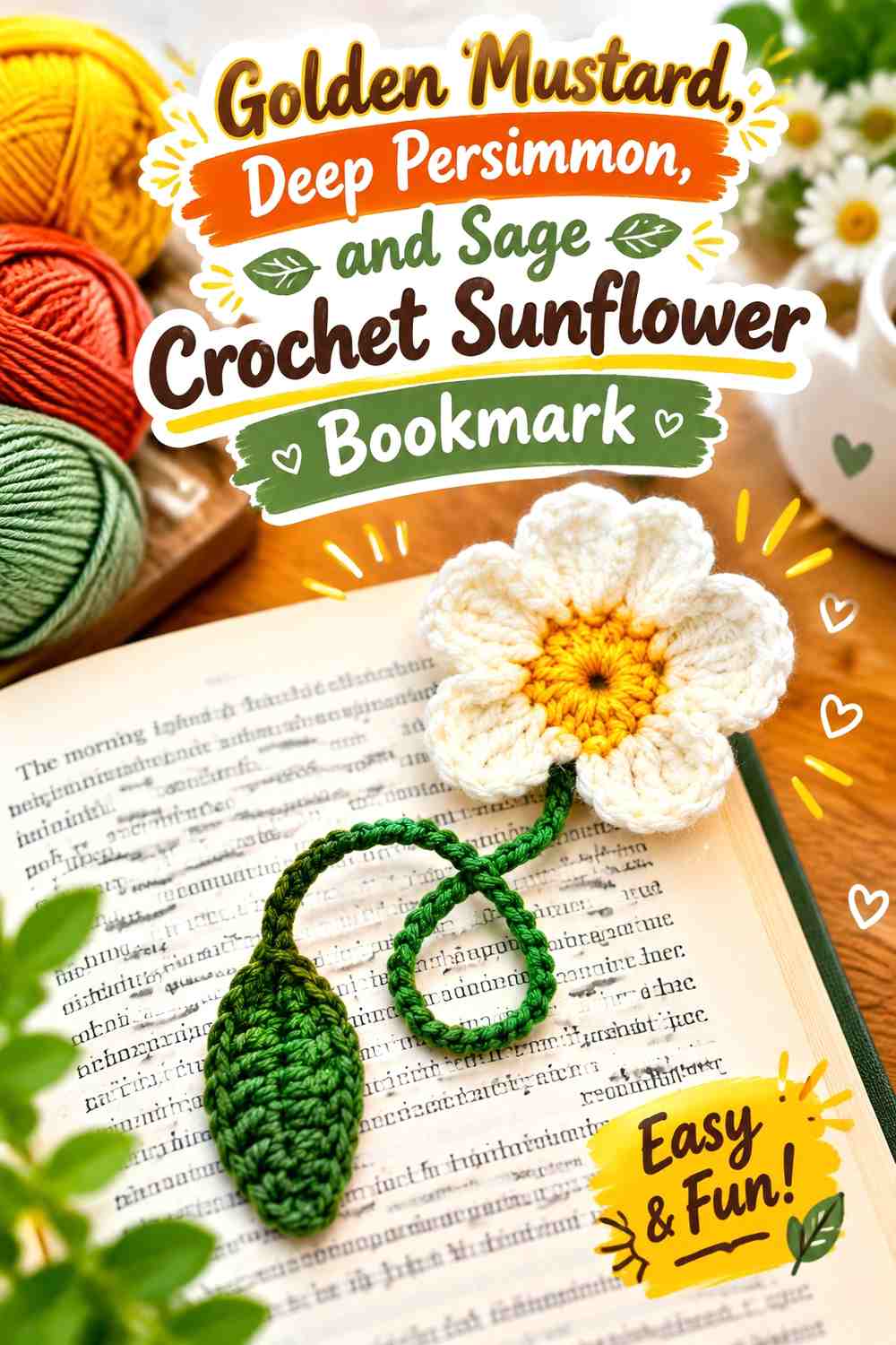 Golden Mustard, Deep Persimmon, and Sage Crochet Sunflower Bookmark
