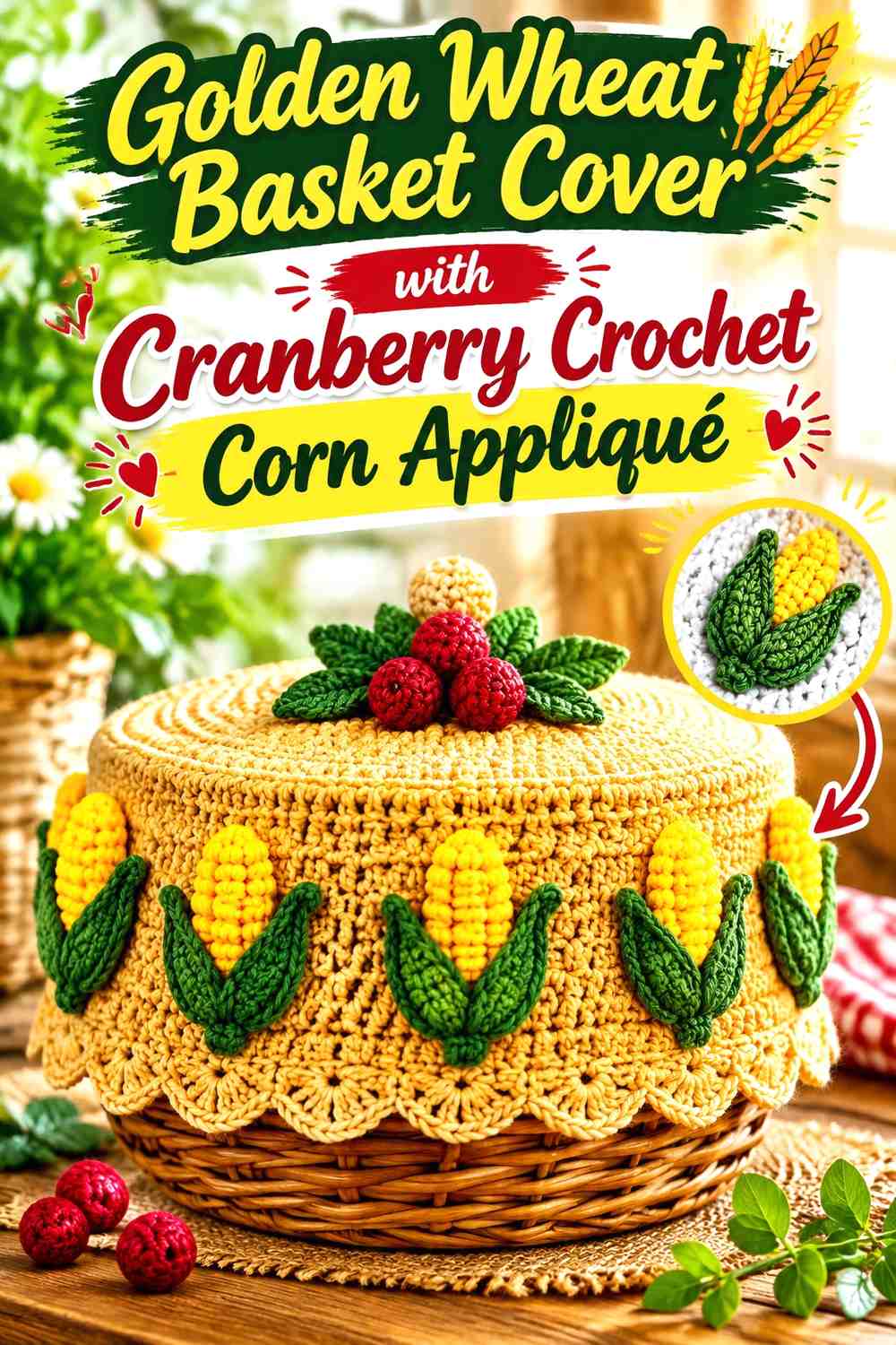 Golden Wheat Basket Cover with Cranberry Crochet Corn Appliqué