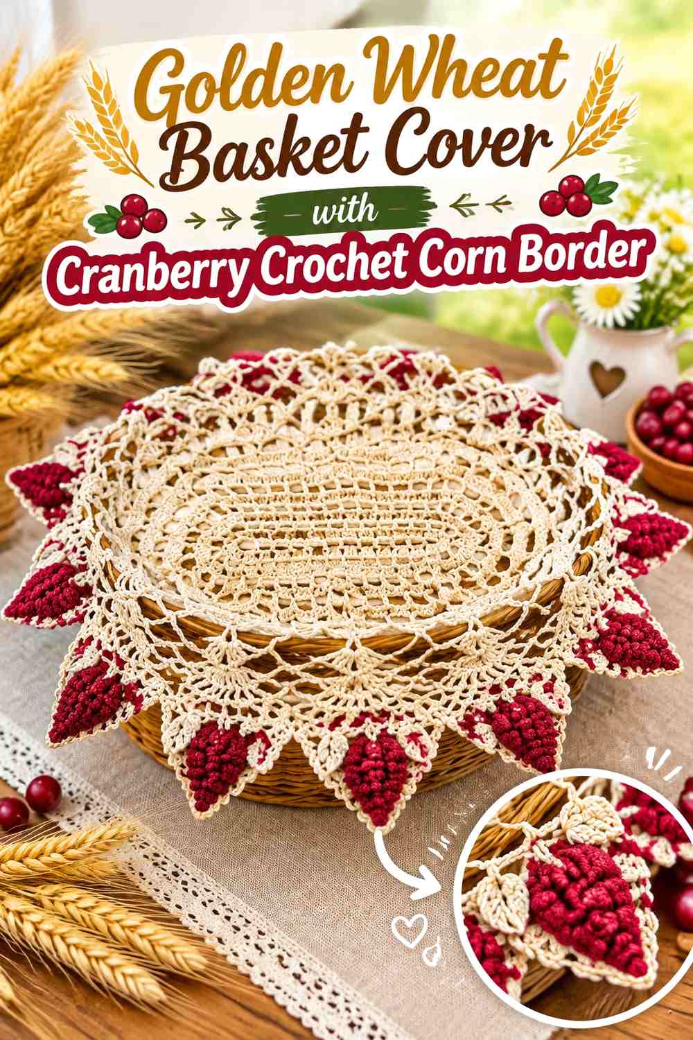 Golden Wheat Basket Cover with Cranberry Crochet Corn Border