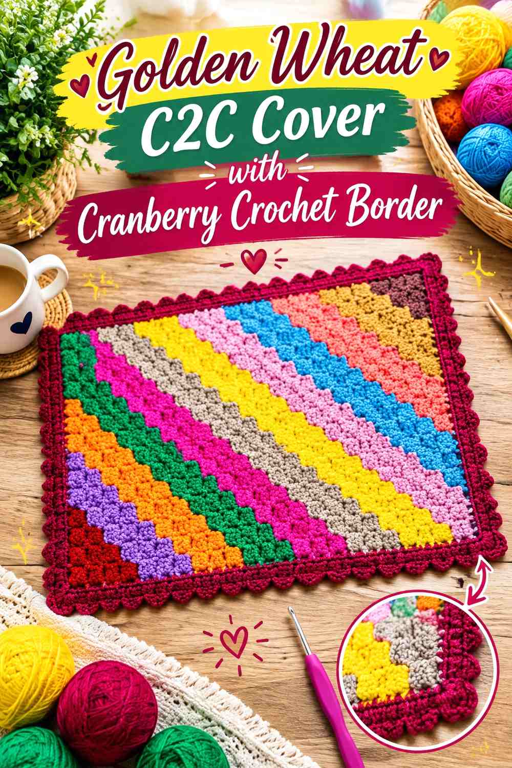Golden Wheat C2C Cover with Cranberry Crochet Border
