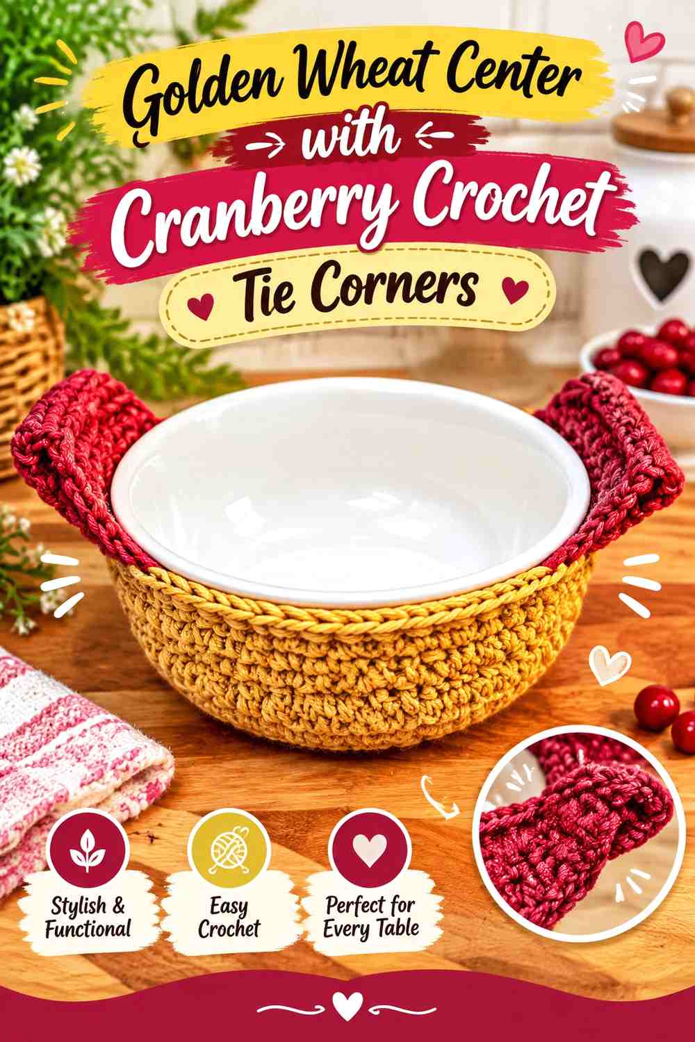 Golden Wheat Center with Cranberry Crochet Tie Corners