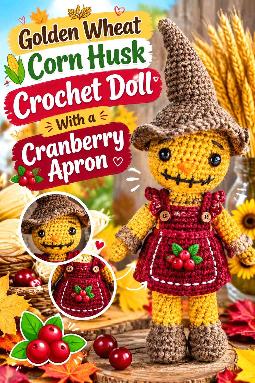 Golden Wheat Corn Husk Crochet Doll With a Cranberry Apron
