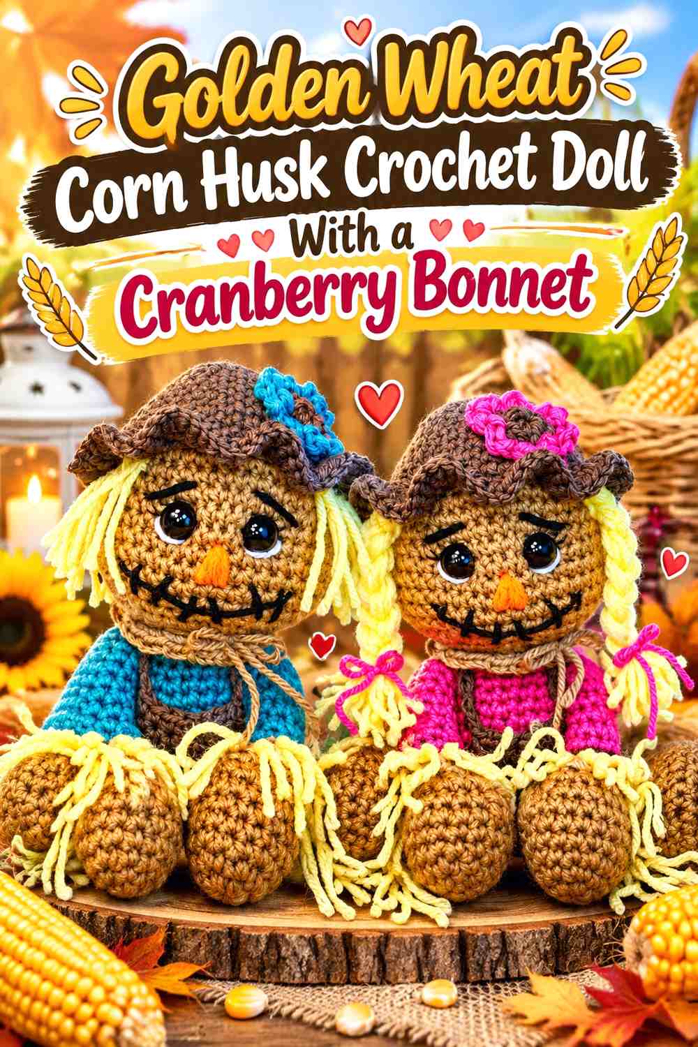 Golden Wheat Corn Husk Crochet Doll With a Cranberry Bonnet