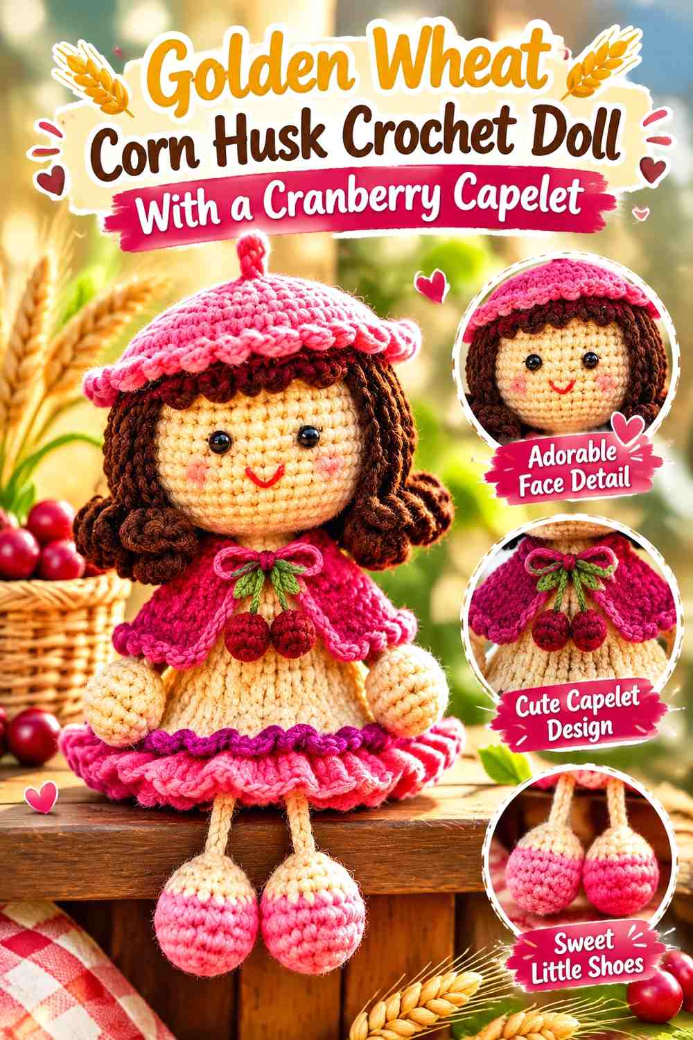 Golden Wheat Corn Husk Crochet Doll With a Cranberry Capelet
